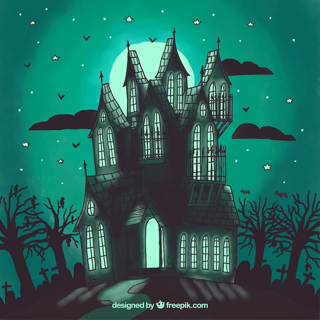 Vector gratuito fondo de halloween con casa encantada de acuarela