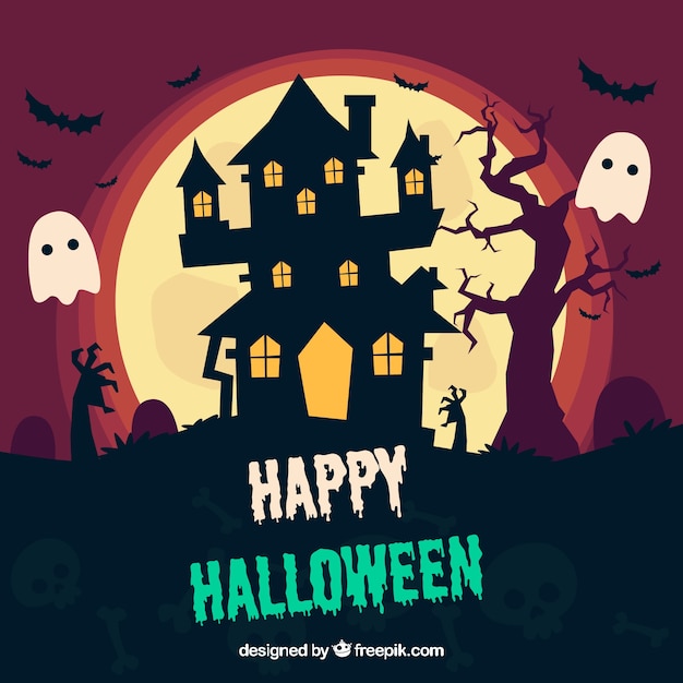 Vector gratuito fondo de halloween con casa encantada y fantasmas