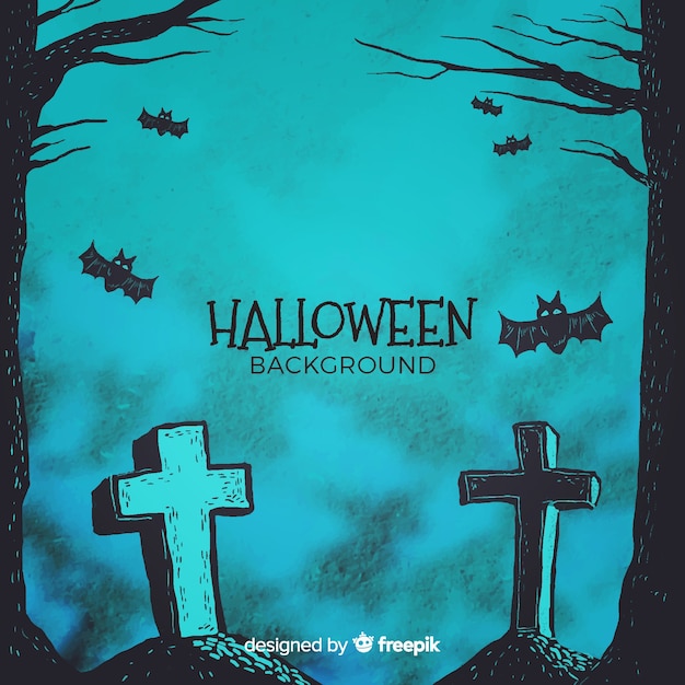 Vector gratuito fondo de halloween con cementerio en acuarela