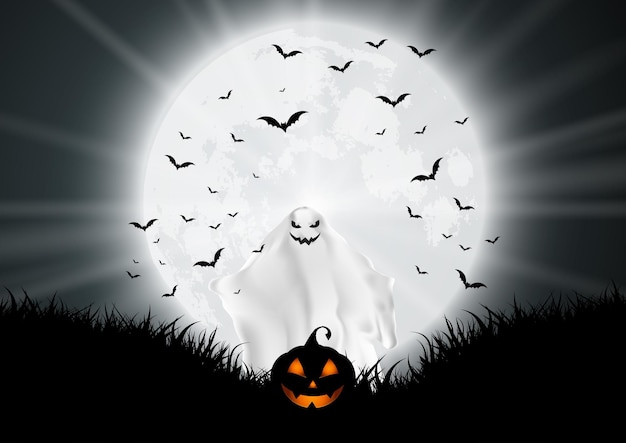 Vector gratuito fondo de halloween con fantasmas y calabazas en paisaje iluminado por la luna