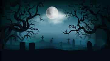 Vector gratuito fondo de halloween con lápidas antiguas del cementerio árboles sin hojas espeluznantes luna llena en el cielo nocturno ilustración realista