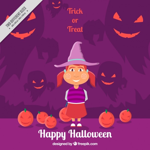 Vector gratuito fondo de halloween con niña disfrazada de bruja