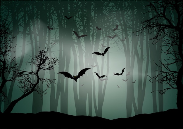 Fondo de Halloween con paisaje de bosque neblinoso y murciélagos