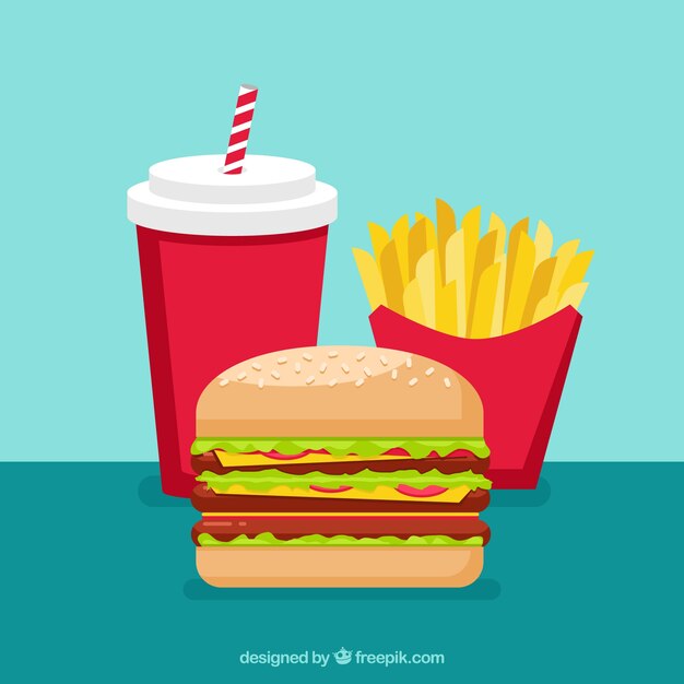 Fondo de hamburguesa, patatas y bebida