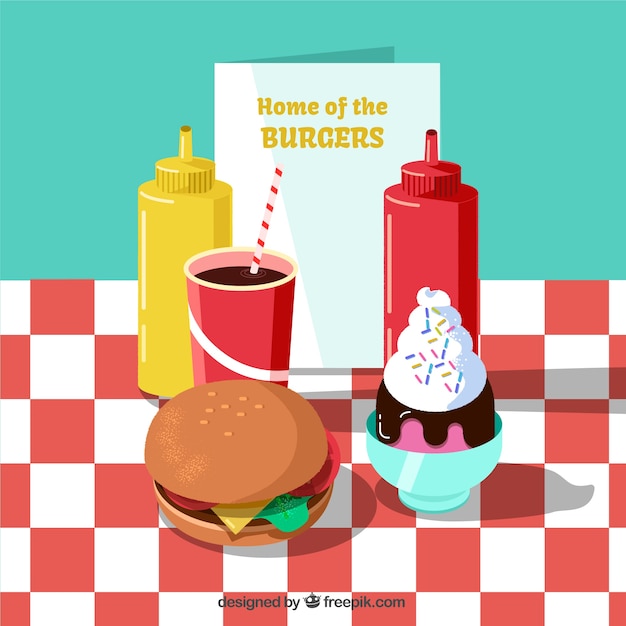 Vector gratuito fondo de hamburguesería con deliciosa comida en diseño plano