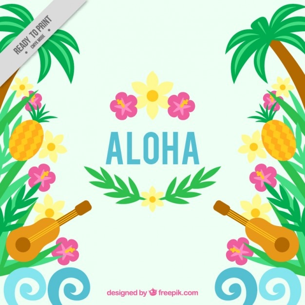 Fondo hawaiano con ukelele y flores