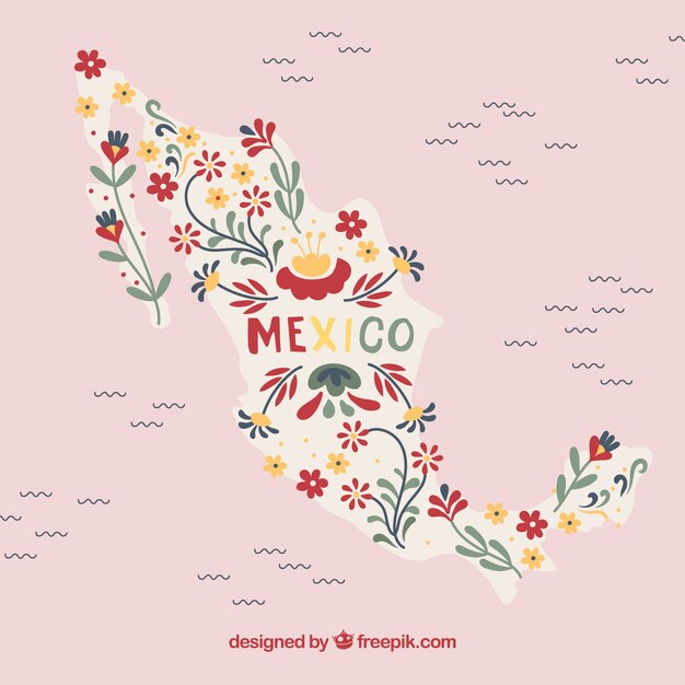 Fondo hecho a mano de mapa mexicano con elementos