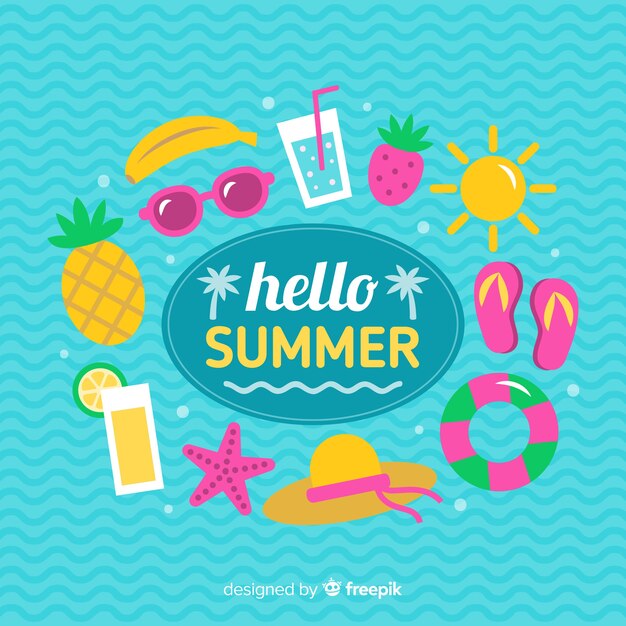 Fondo de hello summer en diseño plano