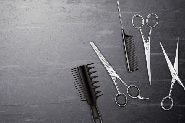 Fondo de herramientas de peluquería con peine y tijeras en mesa realista