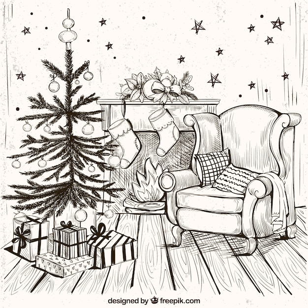 Fondo de hogar acogedor con árbol de navidad dibujado a mano 