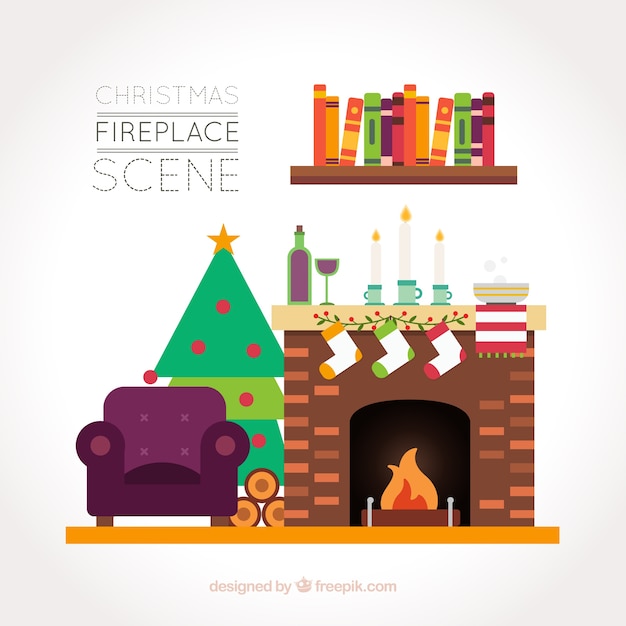 Vector gratuito fondo de hogar con chimenea y árbol de navidad