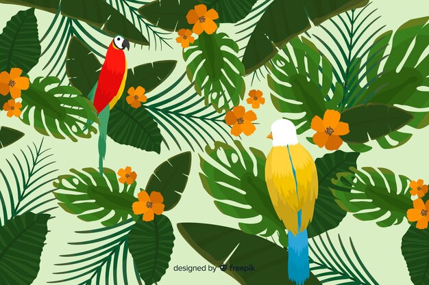 Fondo hojas y pájaros tropicales