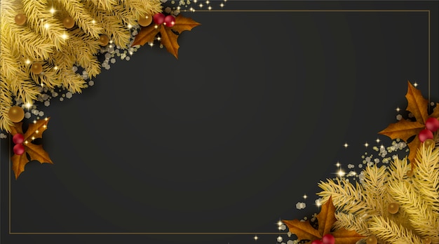 Fondo de hojas de pino dorado de Navidad con espacio de copia