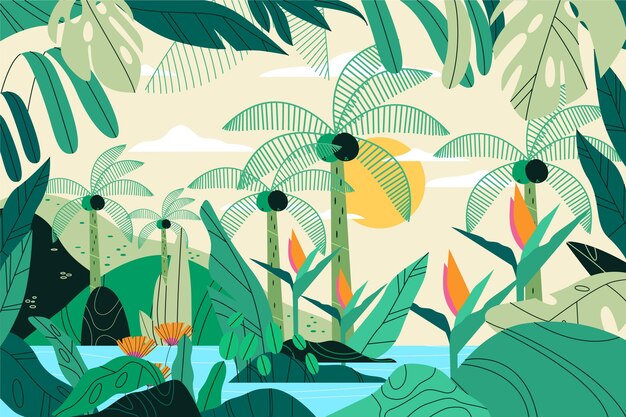 Fondo de hojas tropicales dibujadas a mano