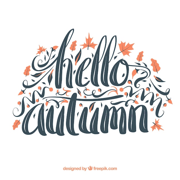 Vector gratuito fondo de hola otoño con lettering y hojas