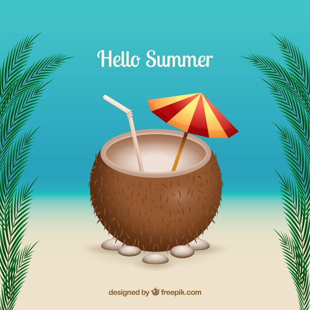 Fondo de hola verano con bebida de coco en estilo realista