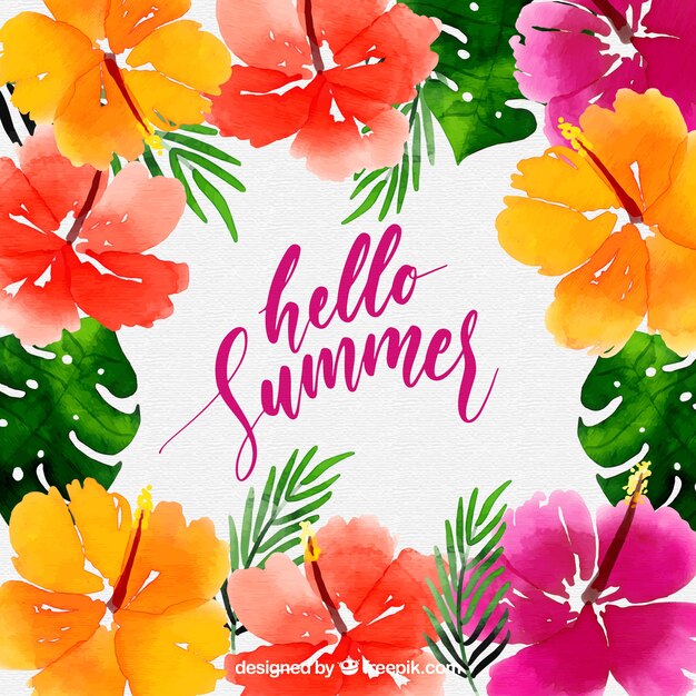 Fondo de hola verano con flores coloridas en estilo acuarela