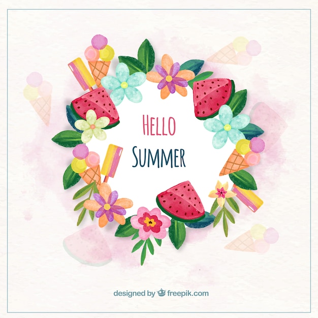 Vector gratuito fondo de hola verano con flores y comida