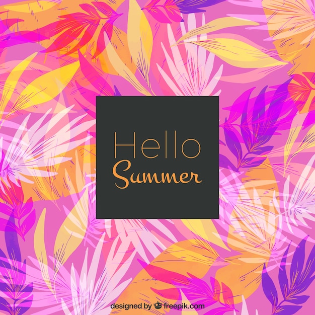 Vector gratuito fondo de hola verano con hojas coloridas en estilo acuarela