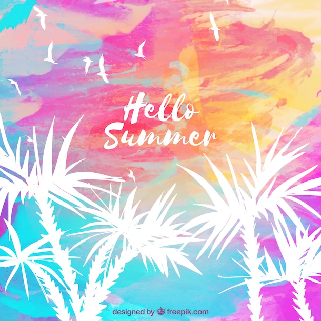 Vector gratuito fondo de hola verano con palmeras en estilo acuarela