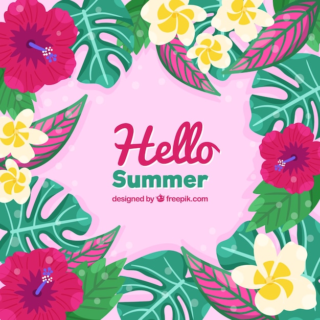 Vector gratuito fondo de hola verano con plantas y flores coloridas