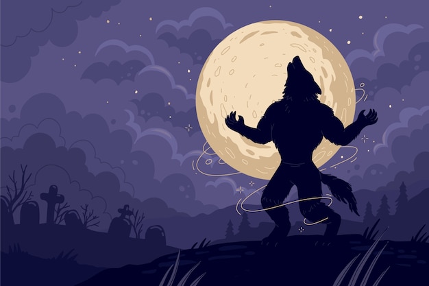 Fondo de hombre lobo y luna de diseño plano