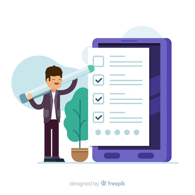 Vector gratuito fondo hombre plano confirmando lista de comprobación gigante