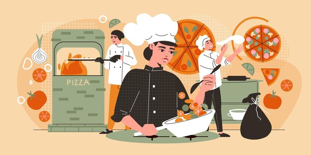 Fondo horizontal de cocina profesional con personajes del personal que trabajan en la ilustración de vector plano de cocina de restaurante