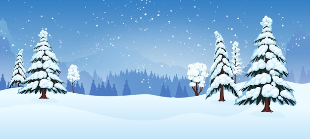 Fondo horizontal de invierno con paisaje nevado árboles de Navidad y ilustración vectorial de dibujos animados de bola de nieve