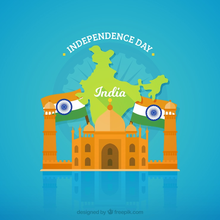 Vector gratuito fondo de independencia de la india con taj mahal y banderas 