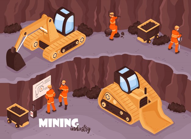 Fondo de la industria minera con personajes de trabajadores en un paisaje de mina abierto uniforme con excavadoras e ilustración de texto