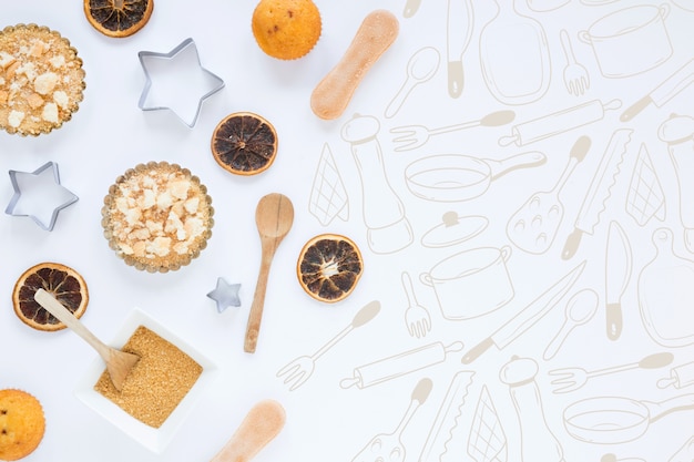 Fondo de ingredientes para hornear dibujados a mano