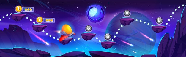 Fondo de interfaz de usuario de juego de nivel de mapa de vector espacial de galaxia Nave espacial alienígena de fantasía que vuela en un concepto extraterrestre de carretera de plataforma de asteroide para videojuego de arcade infantil Activo de interfaz de puntuación futurista