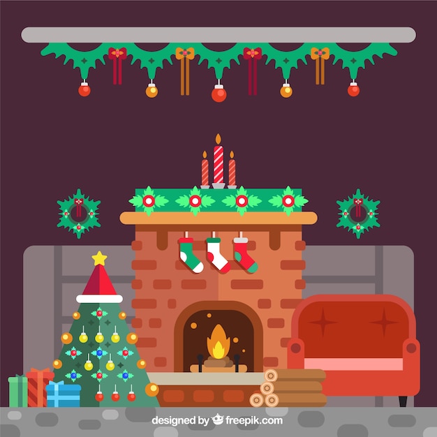 Fondo de interior de casa con chimenea y árbol de navidad en diseño plano