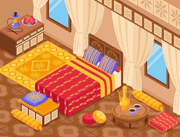 Vector gratuito fondo interior de estilo de oriente medio con muebles orientales ilustración vectorial isométrica