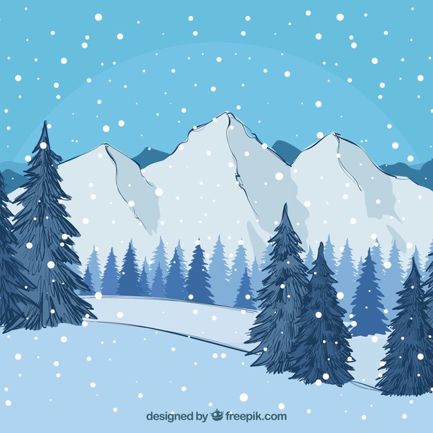 Fondo de invierno dibujado a mano con montañas