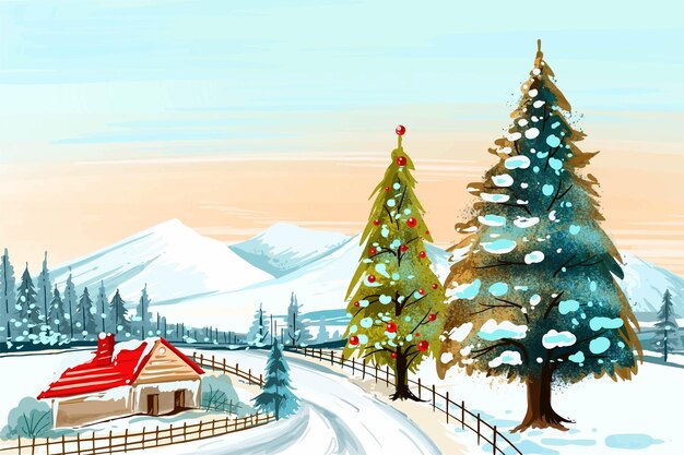 Fondo de invierno de diseño de tarjeta de árbol de navidad de nieve y escarcha