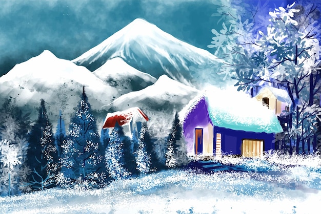 Vector gratuito fondo de invierno de nieve y diseño de paisaje de tarjeta de árbol de navidad de casa