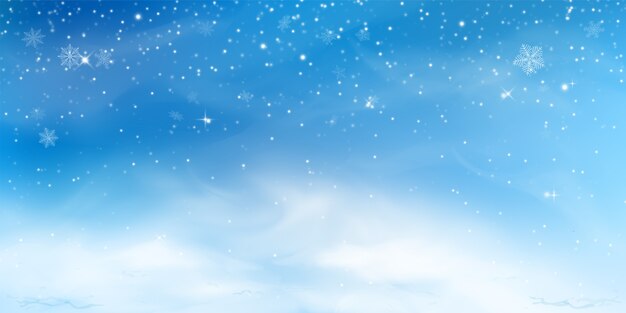 Fondo de invierno de nieve. paisaje del cielo con nube fría, ventisca, copos de nieve estilizados y borrosos, ventisquero en estilo realista.