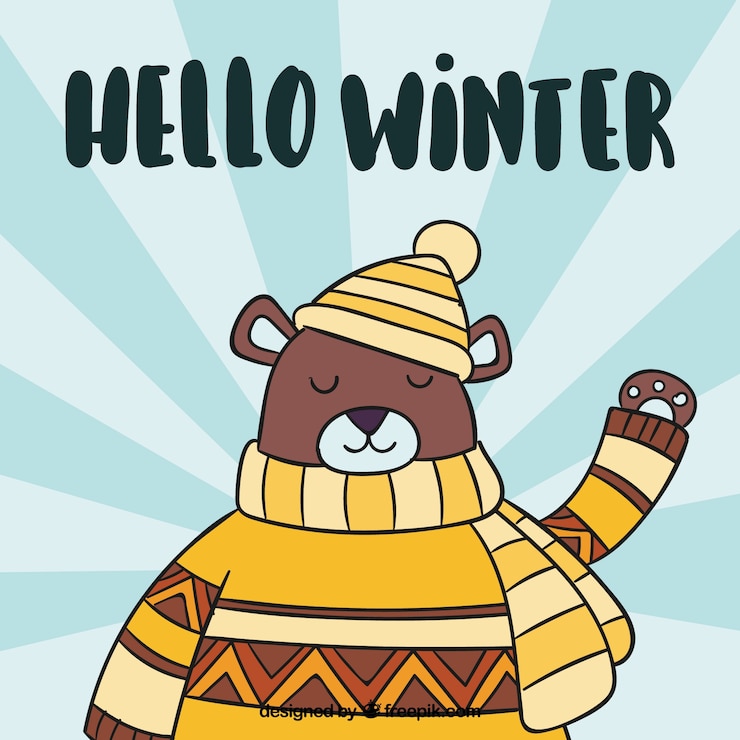 Vector gratuito fondo de invierno con un oso en ropa amarilla dibujado a mano