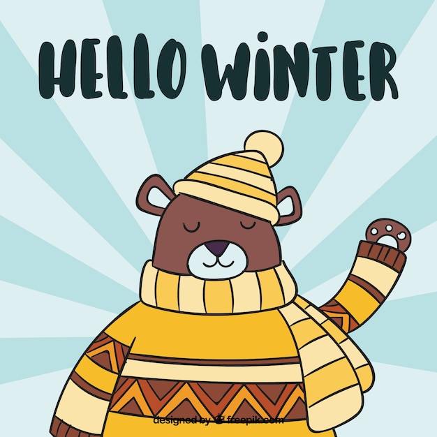 Fondo de invierno con un oso en ropa amarilla dibujado a mano