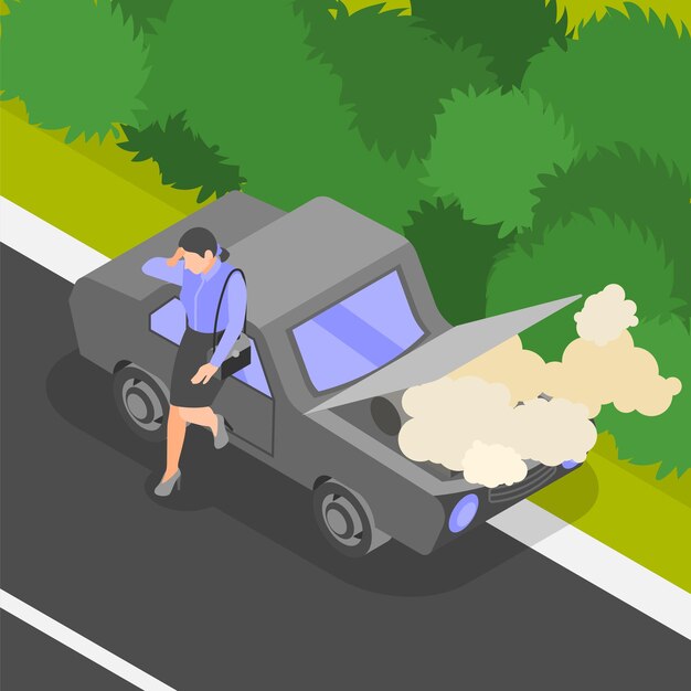 Fondo isométrico de accidente de tráfico con carácter de mujer infeliz cerca de un coche roto con capucha abierta para fumar en la ilustración de vector de carretera