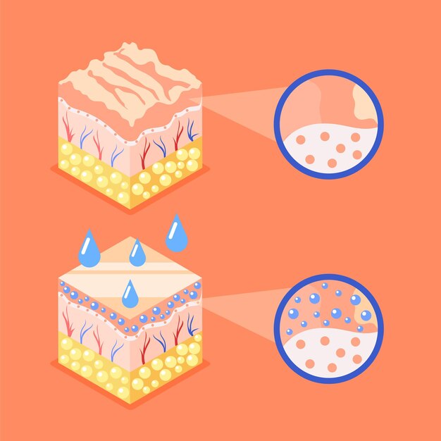Fondo isométrico de ácido hialurónico con composición de cubos de vista de perfil que representan capas de estructura de la piel iconos redondos ilustración vectorial
