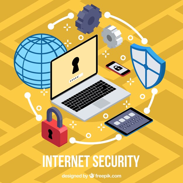 Fondo isométrico con artículos de seguridad en internet