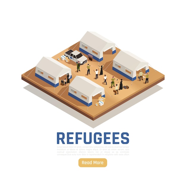 Vector gratuito fondo isométrico de asilo de refugiados con automóvil que entregó ayuda humanitaria al campamento para inmigrantes