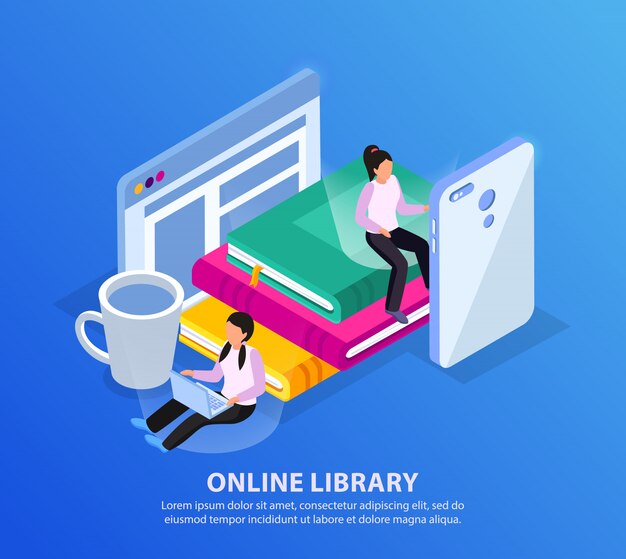 Fondo isométrico de la biblioteca en línea con dispositivos electrónicos de personajes humanos y pila de libros con texto editable