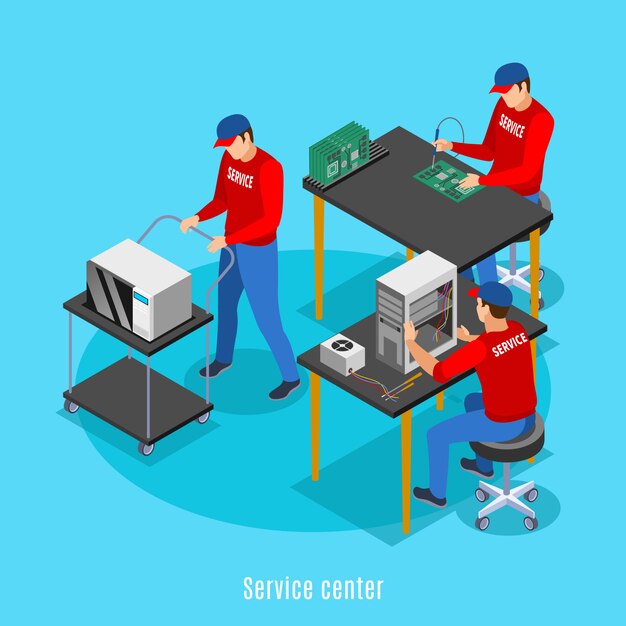 Fondo isométrico del centro de servicio con vista de personas que realizan reparaciones de equipos informáticos y productos electrónicos de consumo