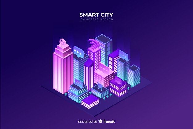 Fondo isométrico ciudad futurista de noche