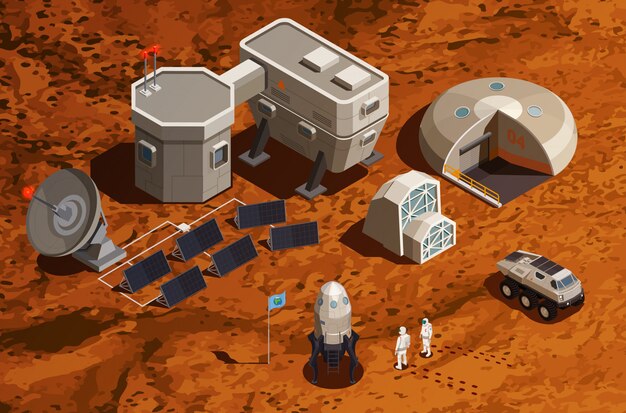 Fondo isométrico de colonización de Marte con equipo para investigación científica y comunicaciones, nave espacial y astronautas