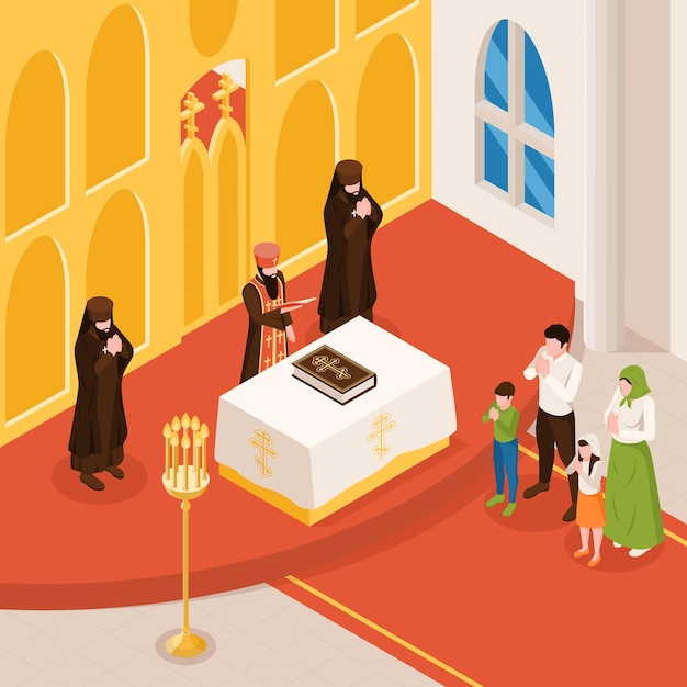Fondo isométrico cristiano ortodoxo con ilustración de vector de símbolos de iglesia